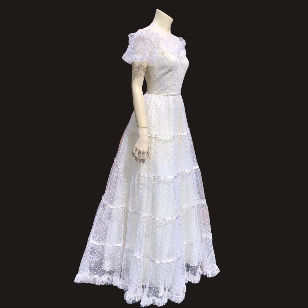 TULLE Dot Full Skirt Puff Sleeve Party Dress / 80s Coquette Ballet Fairy gown XS